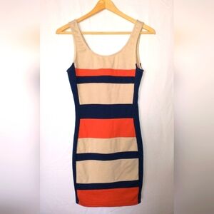 Retro 60's Mod Style Stylish Colorblock Dress in Navy, Orange, and Cream Small